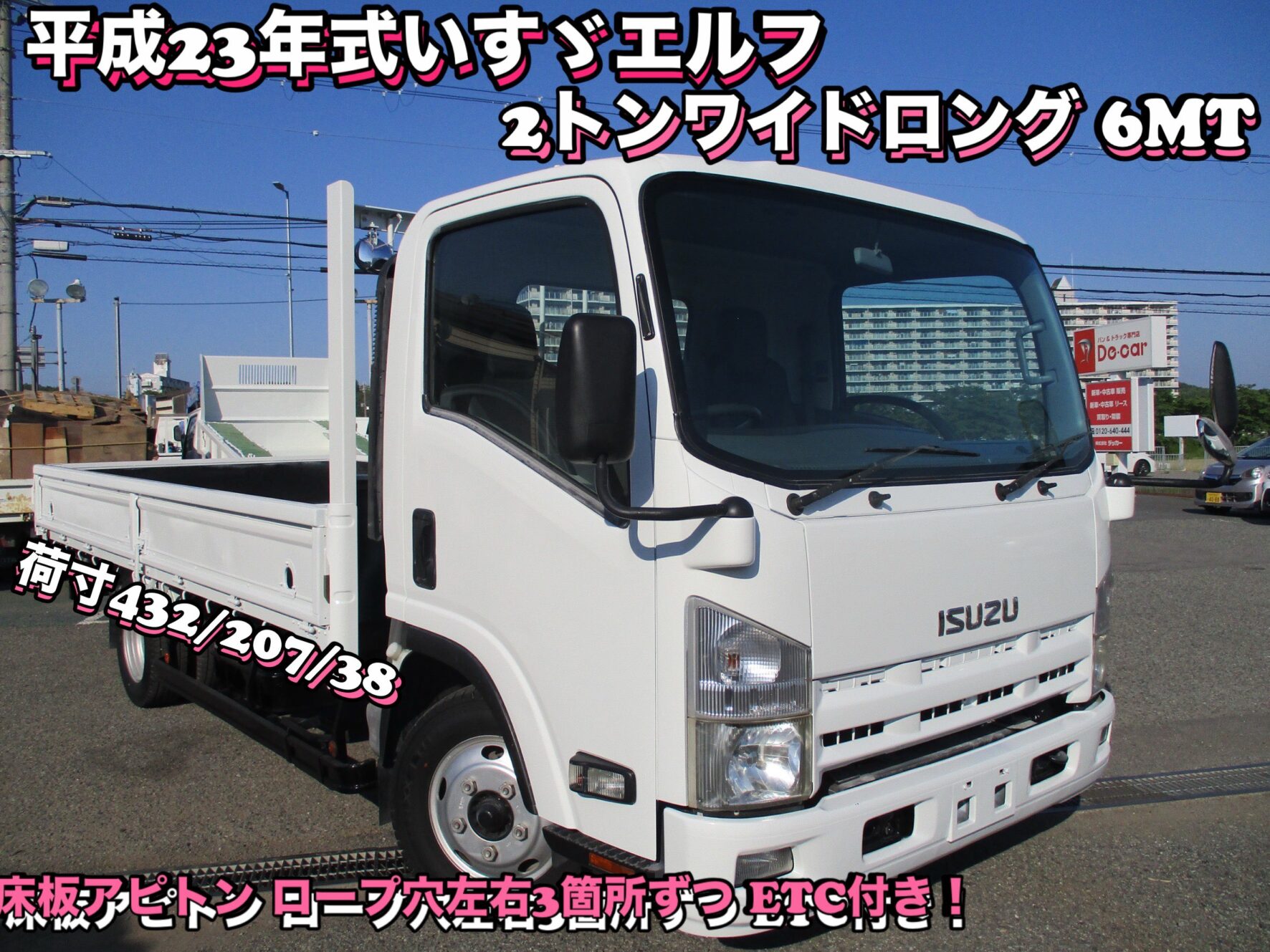 平成23年式 いすゞ エルフ 積載2トン ワイドロング 全低床 荷寸432-207-38 6速MT ETC 床板アピトン 全塗装 ロープ穴左右3か所ずつ 坂道発進補助装置 左電格ミラー ABS ASR 作業灯 ロープフック 坂道発進補助装置 レベライザー ラクラク君 取扱説明書 ターボ 150馬力 PS PW エアバック ジャッキ スペアタイヤ 集中ロック 地上高92cm タイヤサイズ：205/75R16 お問い合わせ番号：6395