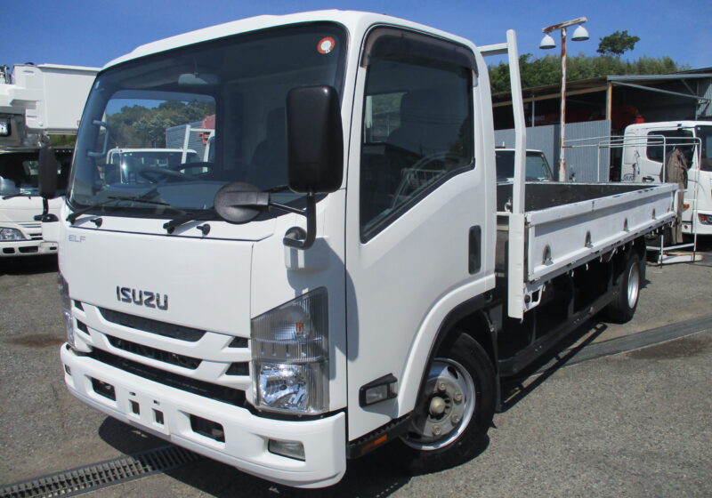 平成29年式 いすゞ エルフ 積載3.5トン ワイド超ロング 全低床 6速MT 荷寸498/207/37 ロープ穴左右5箇所対 ETC 左電格ミラー 床縞板鉄板 アオリチェーン アイドリングストップ 坂道発進補助装置★お問い合わせ番号：4359★
