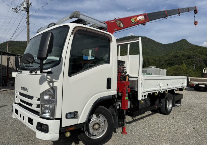 平成30年式　いすゞ エルフ　積載3.25トン　2.93トン吊り 5段クレーン　古河ユニック製 ラジコン フックイン 高床/6速MT　荷寸365/207/38　ロープ穴3対 ETC ドライブレコーダー アオリ開閉補助装置　★お問い合わせ番号：9114★